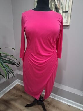 London Times Fuchsia Draped Long Sleeve Midi Dress